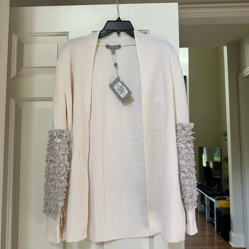NWT Neiman Marcus Ivory Cashmere Cardigan with Textured Gray Sleeves